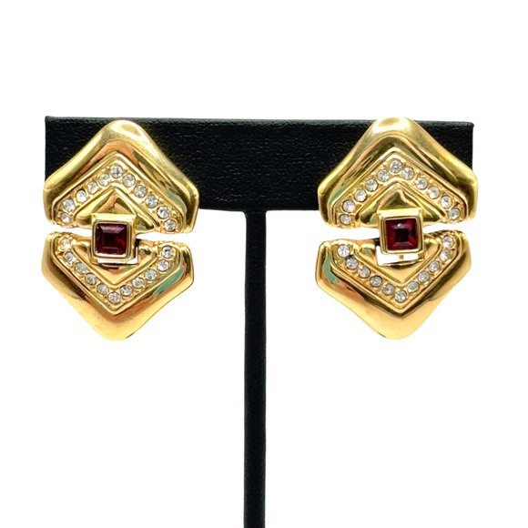 Vintage Swarovski Crystal Red Clear Door Knocker Earrings Gold Tone Glam 80s - Picture 2 of 6